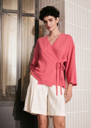 Блузка лляна з запахом та укороченими рукавами